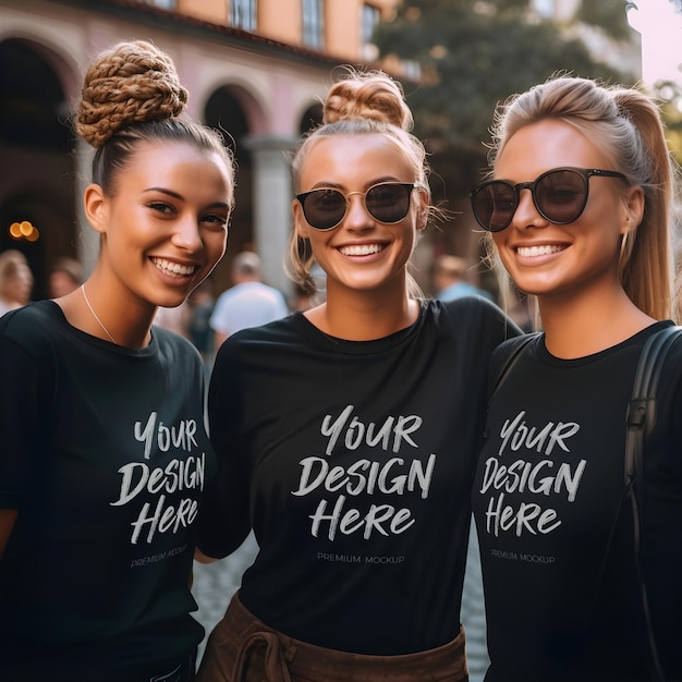 PSD mädchengruppe matching black t-shirt psd mockup perfekt für eine veranstaltung oder party