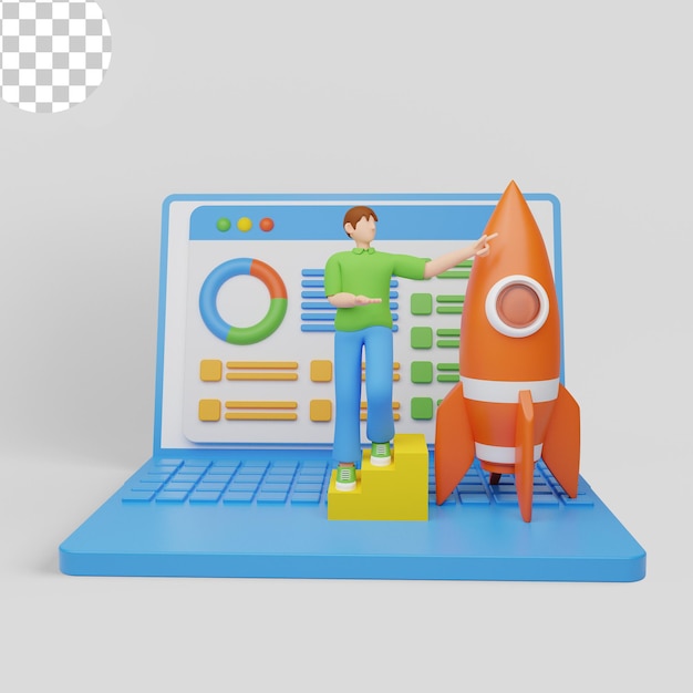 Männerszenen mit Raumschiff für den Start eines neuen Geschäftskonzepts der 3D-Illustration der Entwicklung