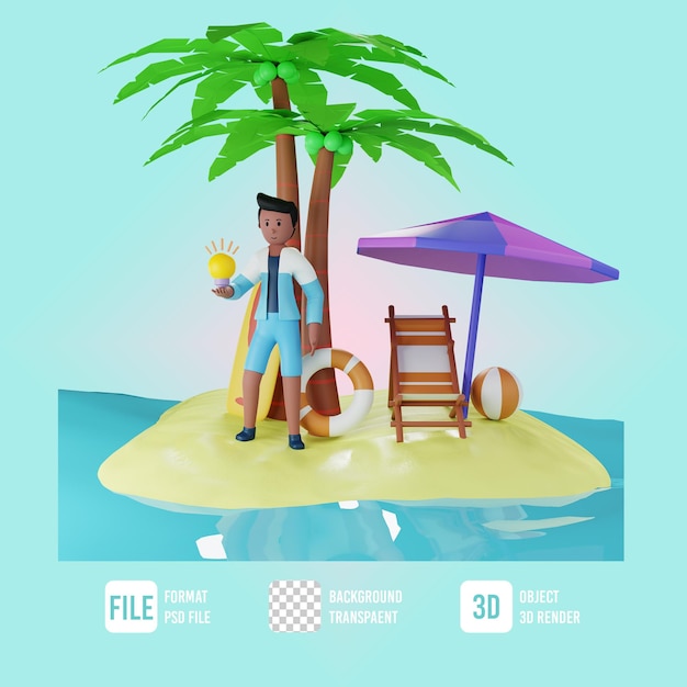 PSD männliche figur des sommers 3d, die idee mit strandillustration hält