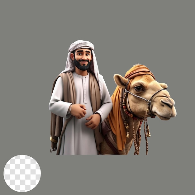 PSD männlicher 3d-charakter muslim mit kamel-cartoon-stil