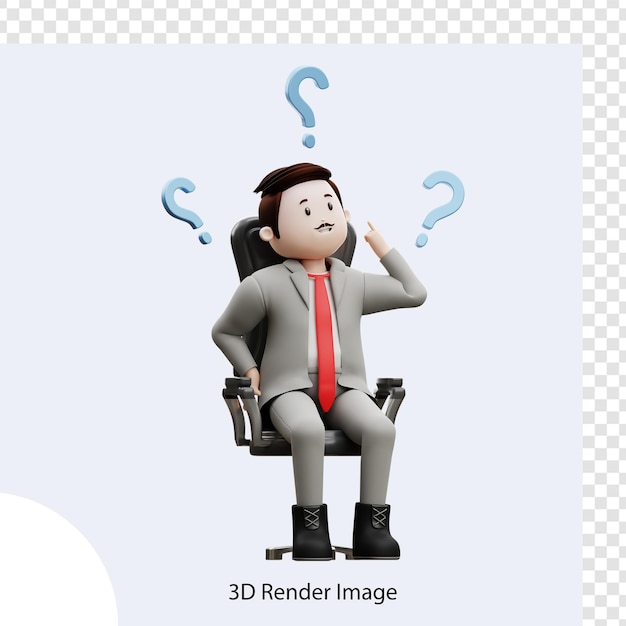 Männlicher Charakter 3d, der eine Frage stellt, die auf Stuhl sitzt