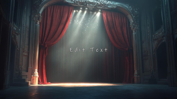 PSD maestoso palco teatrale con tende rosse, fasce di proiettori e architettura ornata