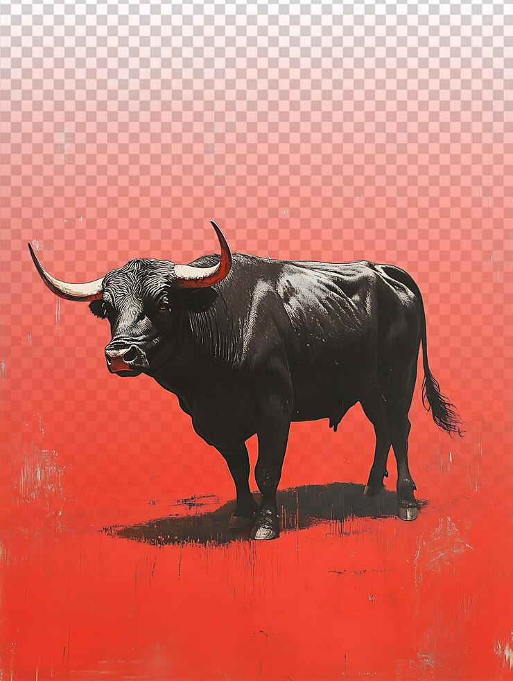 PSD maestoso toro nero spagnolo su uno sfondo rosso audace