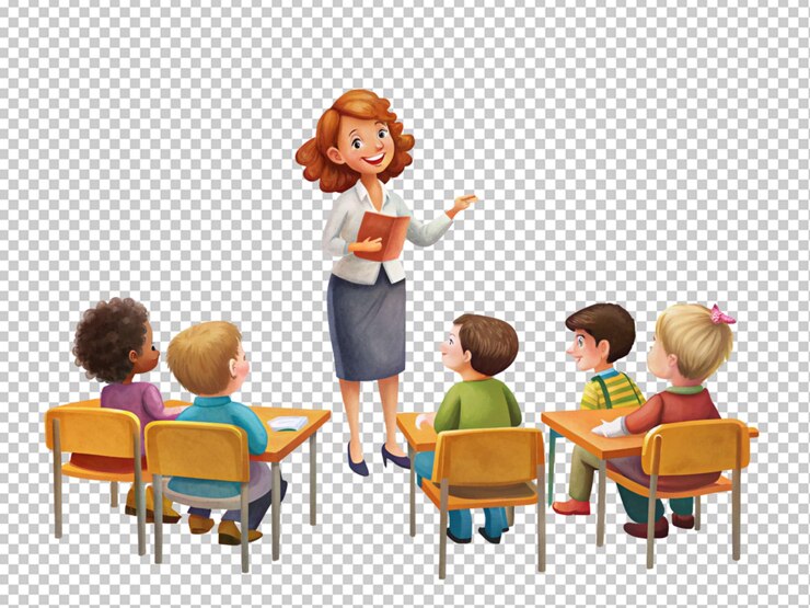 PSD maestra de escuela con libros conferencia