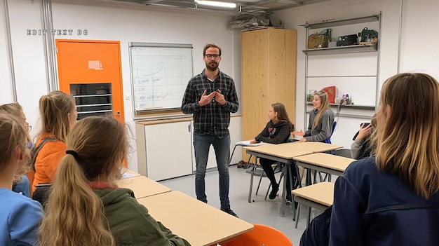 Un maestro que da una lección a estudiantes atentas en el aula