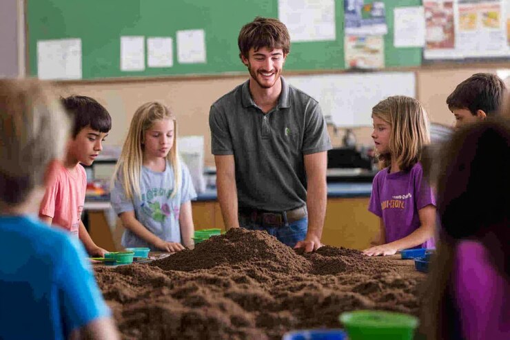 PSD maestros y niños de escuelas primarias aprenden sobre el suelo
