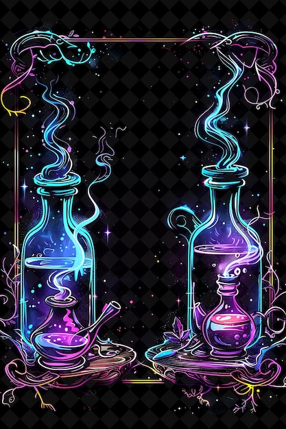 PSD magic potion arcane rahmen mit sprudelnden kesseln und myst neon farbrahmen y2k kunstkollektion