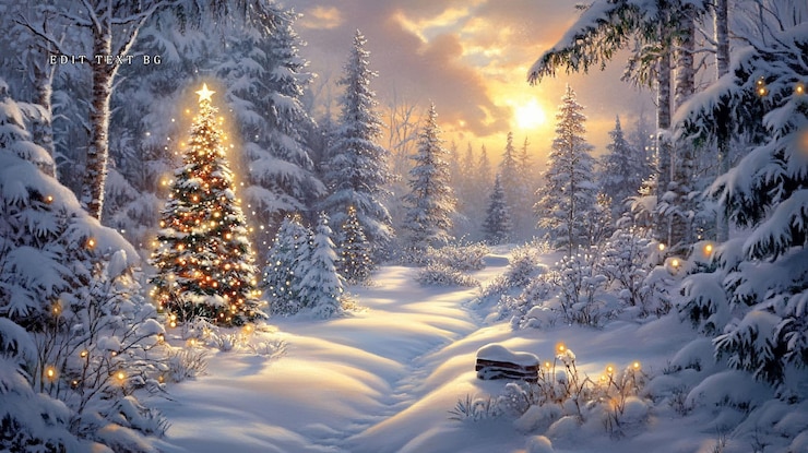 PSD magische sonnenuntergangsszene im winter mit beleuchtetem weihnachtsbaum auf einem schneebedeckten waldweg