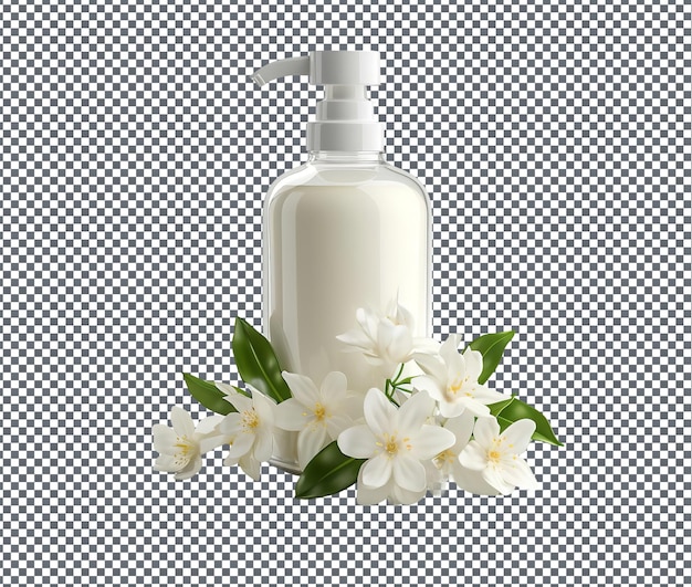 Magnífica loción para el cuerpo perfumada con jazmín aislada sobre un fondo transparente