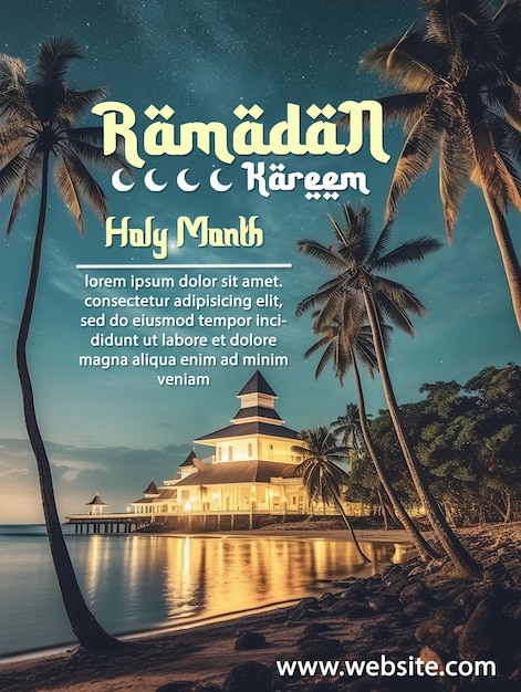 PSD magnífica mesquita na praia cartaz de celebração do ramadão kareem