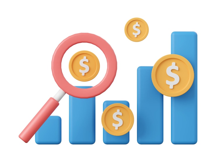 PSD magnification avec pièce d'un dollar et graphique illustration 3d du concept d'investissement
