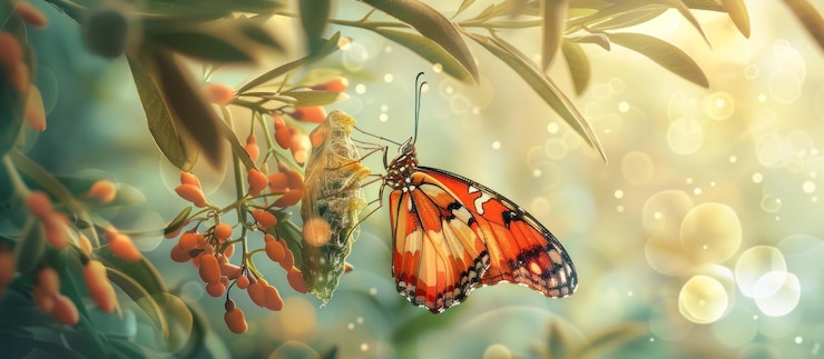 PSD un magnifique papillon émerge de sa chrysalide sur une branche aux baies rouges dans une forêt ensoleillée remplie de bokeh