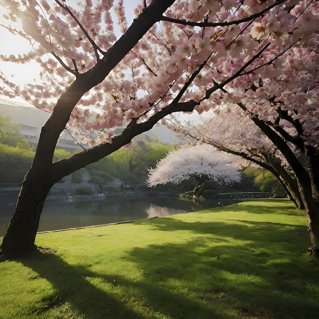 Le magnifique paysage du jardin en fleurs de cerisier