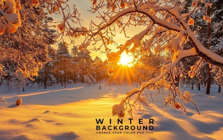 PSD un magnifique paysage hivernal avec des arbres couverts de neige et le coucher du soleil en arrière-plan