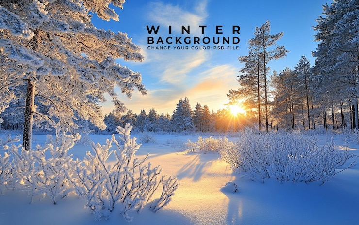 PSD un magnifique paysage hivernal avec des arbres couverts de neige et le coucher du soleil en arrière-plan