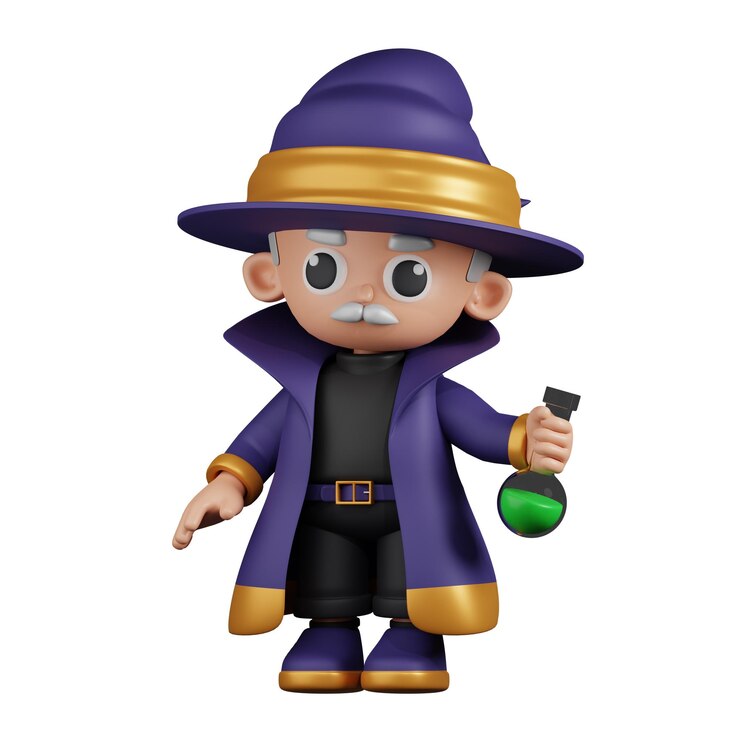 PSD mago de dibujos animados sosteniendo su poción pose 3d