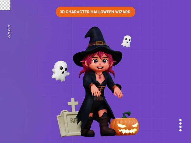 PSD mago de halloween de personaje 3d