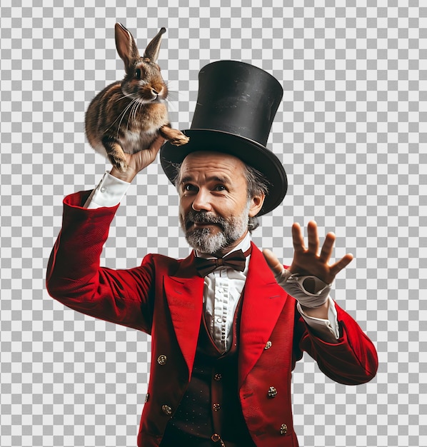 Mago realizando un truco con un sombrero y un conejo en un fondo transparente
