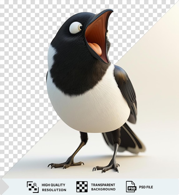 Magpie de desenho animado 3d único cantando uma canção com um pássaro preto com um bico laranja e olho branco acompanhado por um pé e perna pretos e uma asa cinza e preta
