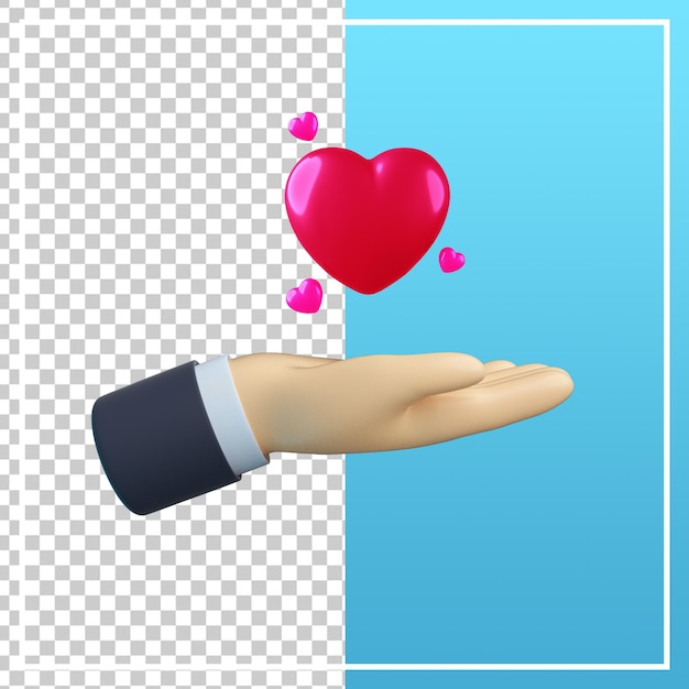 Main 3D avec icône coeur isolé