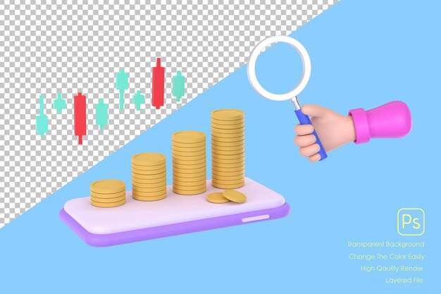 Main 3d Tenant Une Loupe Et Un Graphique De Pièces Sur Un Téléphone Mobile Concept De Gestion Financière