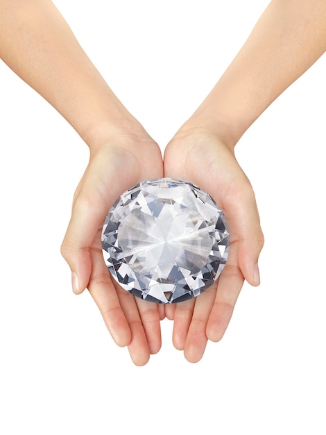 PSD main de belle femme tenant un fond transparent de diamant éblouissant