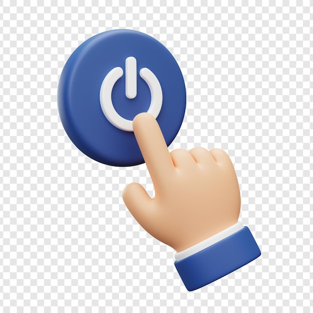 Main de dessin animé 3D appuyant sur un bouton d'alimentation sur un fond transparent