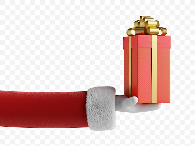 PSD la main de dessin animé du père noël dans une manche rouge avec de la fourrure blanche tient une boîte-cadeau enveloppée de rouge avec un arc doré