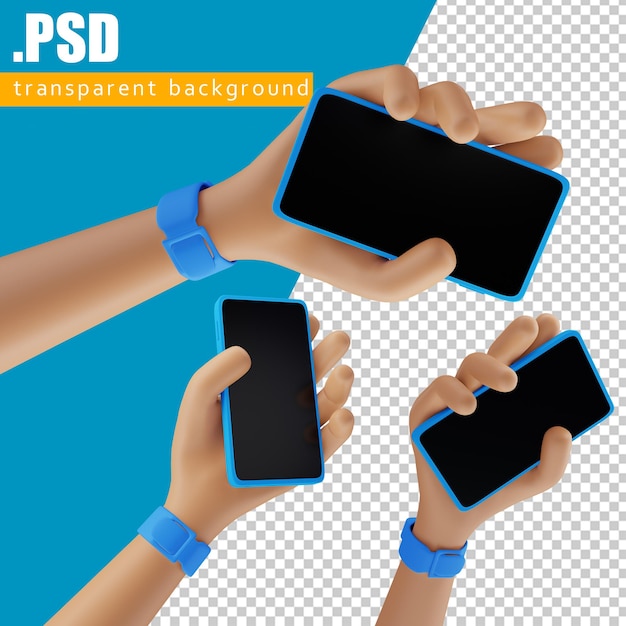 PSD main de dessin animé tenant un téléphone portable