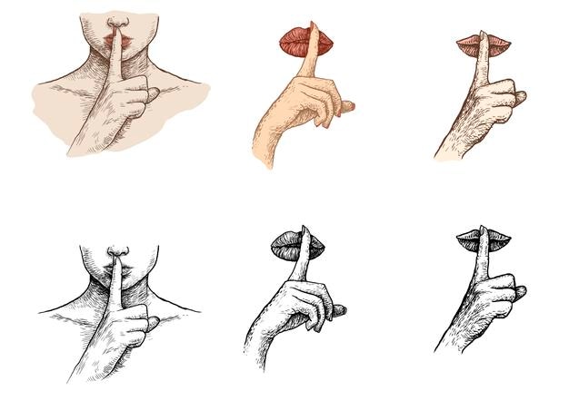 Une main avec un doigt dans la bouche et l'autre demande le silence.