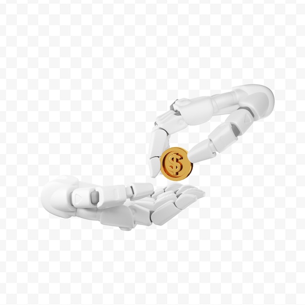 La main du robot 3d donne une pièce à l'autre main reçoit de l'argent caritatif rendu 3d isolé