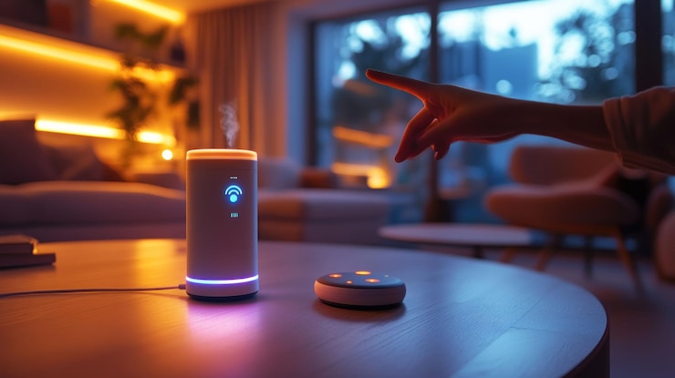 PSD la main de la femme contrôlant le diffuseur d'arôme intelligent sur la table à café dans le salon moderne la nuit