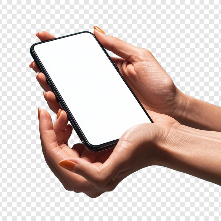 PSD la main de la femme tenant le smartphone noir avec un écran vide et moderne sur un fond transparent