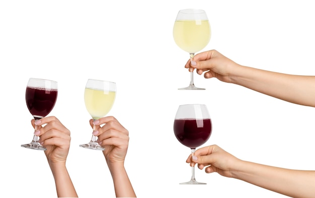 PSD une main de femme tient un verre de vin blanc et rouge sur un fond blanc.