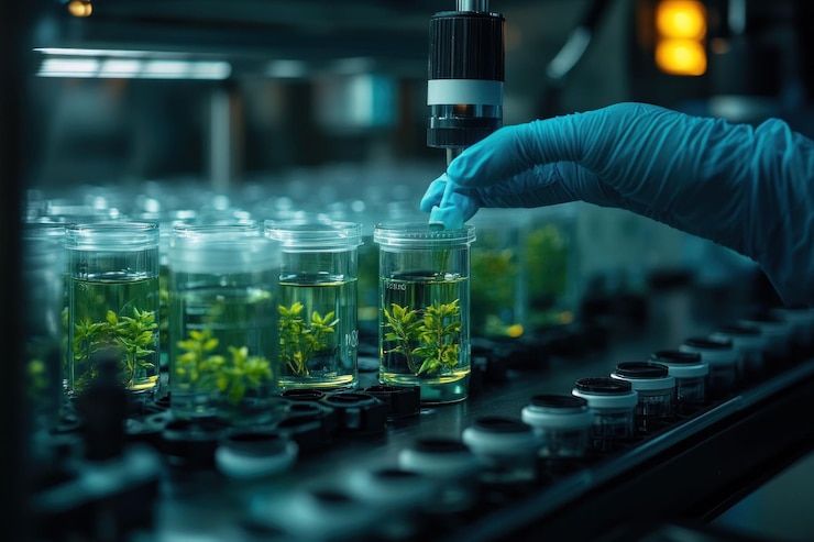 PSD une main gantée s'occupe soigneusement d'une rangée de petites plantes dans des ampoules de verre dans un laboratoire.