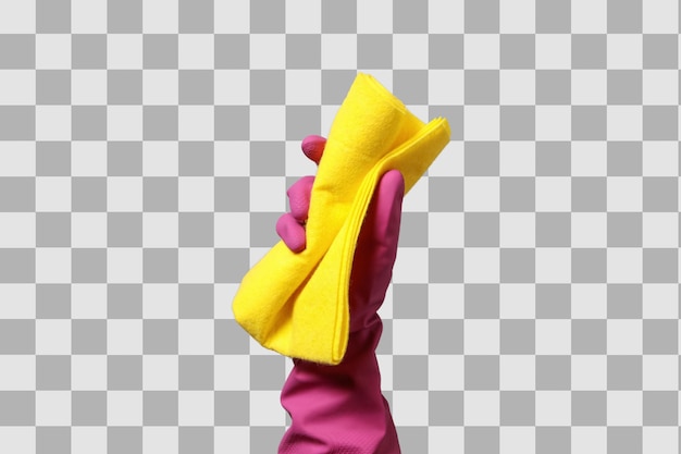 Main de nettoyage de printemps dans un gant en caoutchouc rose avec un chiffon isolé sur fond blanc PNG