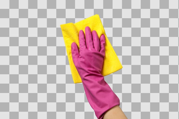 Main de nettoyage de printemps dans un gant en caoutchouc rose avec un chiffon isolé sur fond blanc vue supérieure PNG