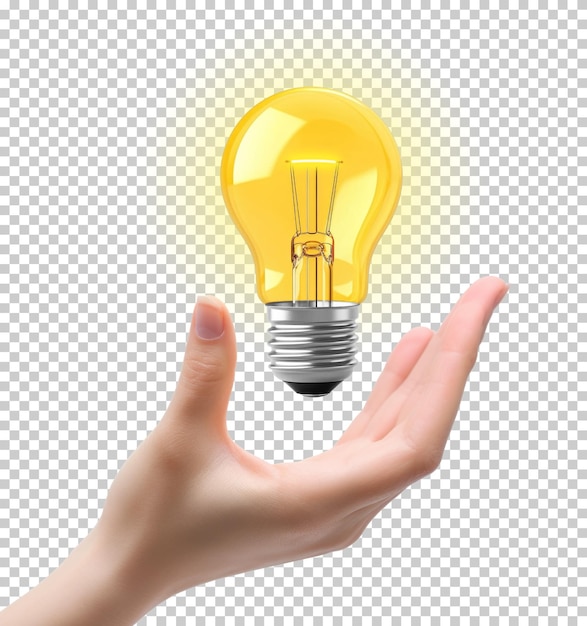 Main présentant une ampoule jaune isolée sur fond transparent