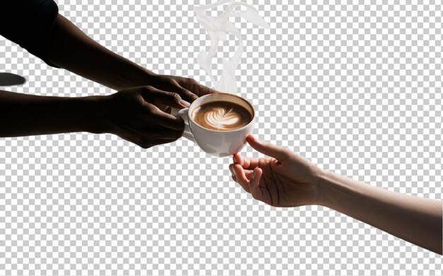Une main qui remet une tasse de café à une autre main isolée