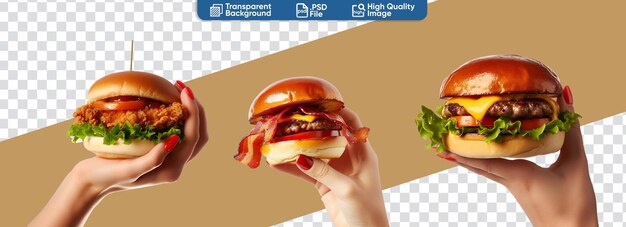 PSD la main tenant un délicieux jeu de hamburgers classic cheeseburger double bacon et poulet