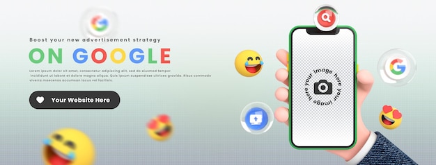 Main tenant des icônes google de téléphone intelligent mobile autour de la maquette 3d pour la couverture facebook ou le modèle de bannière