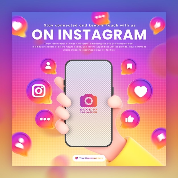 Main Tenant Des Icônes D'instagram De Téléphone Autour D'une Maquette De Rendu 3d Pour Le Modèle De Publication Instagram De Promotion