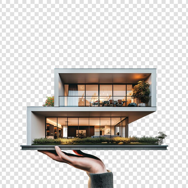 PSD une main tenant une maison moderne avec des arbres sur un fond blanc