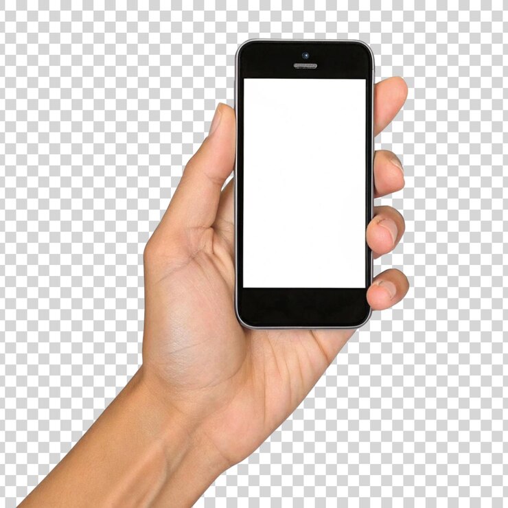 PSD la main tenant une maquette de smartphone vide isolée transparente sur le fond