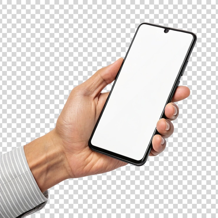 PSD la main tenant une maquette de smartphone vide isolée transparente sur le fond