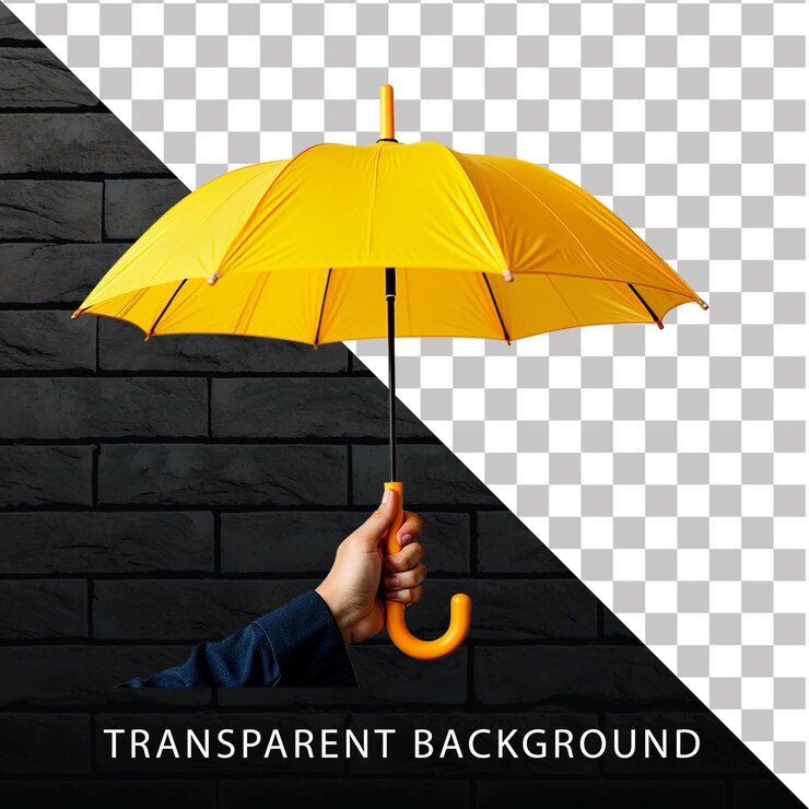 PSD la main tenant un parapluie jaune sur un fond transparent