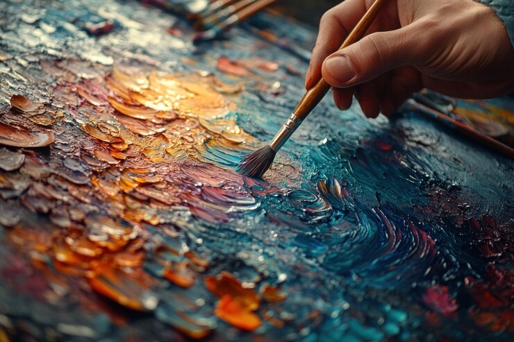 PSD une main tenant une peinture au pinceau sur une toile avec des peintures à l'huile colorées