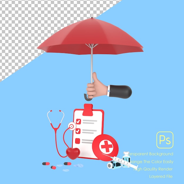 PSD main tenir parapluie rouge seringue stéthoscope coeur rouge et liste de contrôle