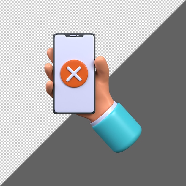 La Main Tient Un Smartphone Avec Un Bouton D'annulation Erroné Ou Erroné Icône De Rejet Ou D'annulation 3d