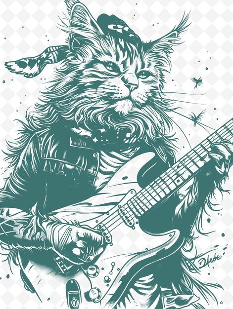 PSD maine coon cat with a guitar and bandana looking rock and ro animais sketch art vector colecções